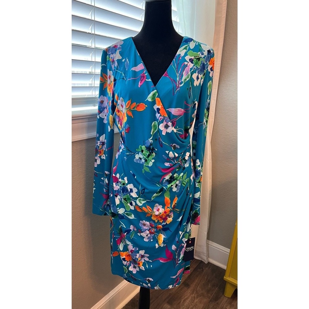 NWT Chaps cerulean blue multi color floral wrap midi dress. Poly, spandex. Sz 12
